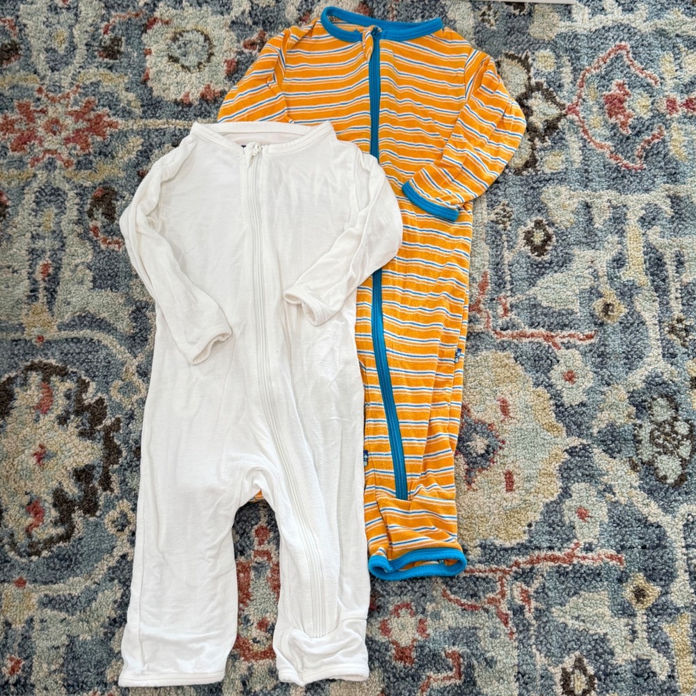 KicKee Pants Romper Sleeper Boys 0-3M White Orange Striped Bamboo GUC*